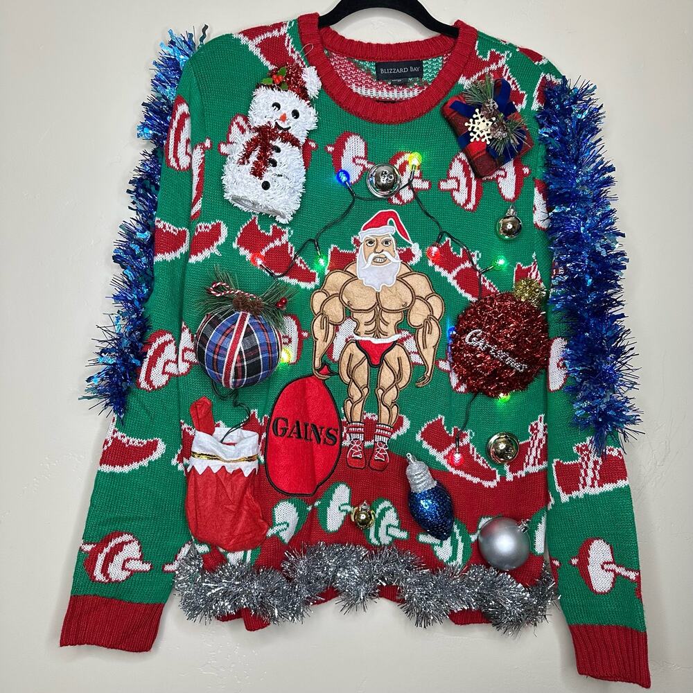 Ugly Christmas Sweater Muscle Santa LIGHTS UP Tinsel Xmas Party Winner Medium